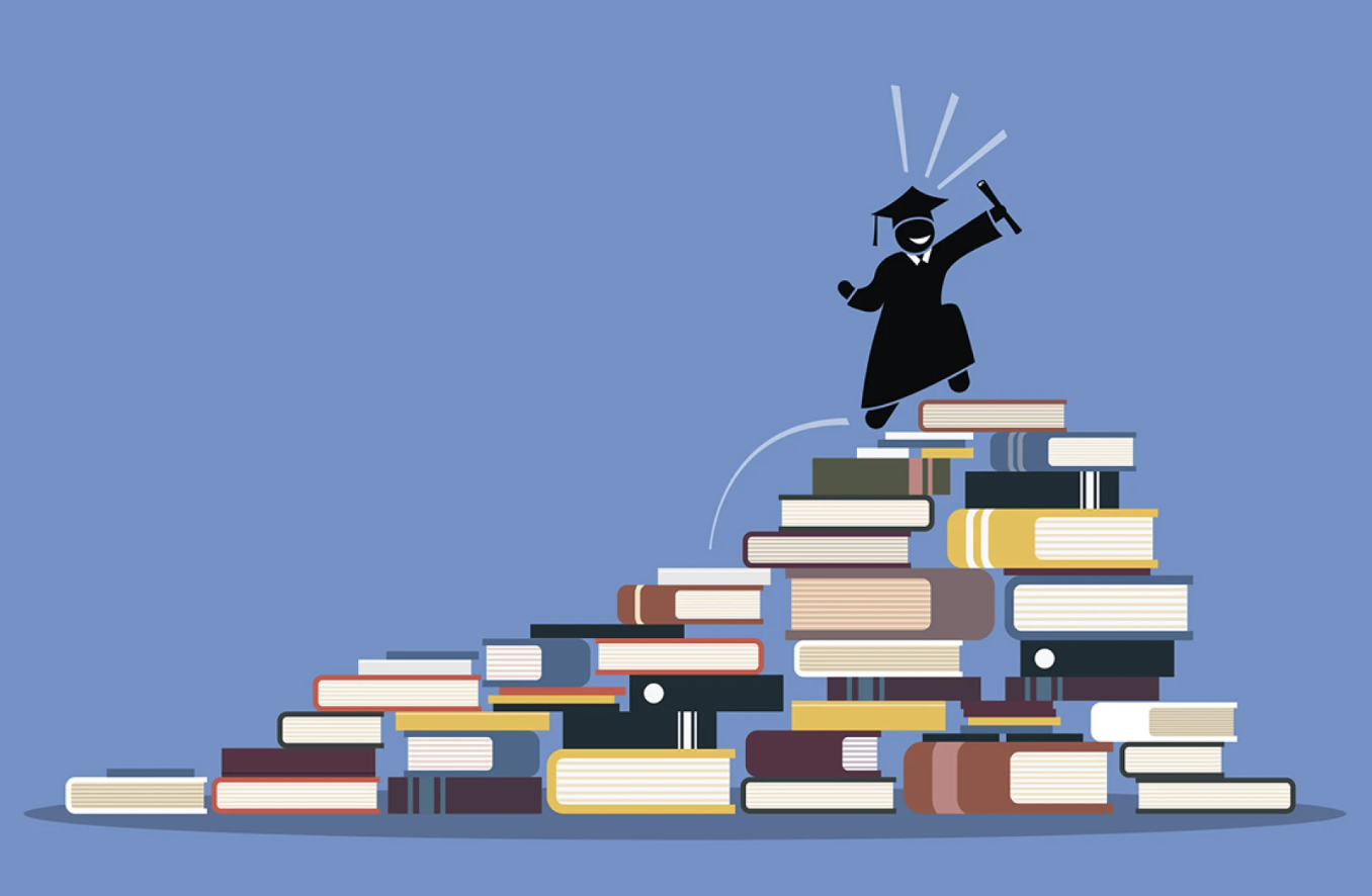 Image of graduate climbing to the top of books