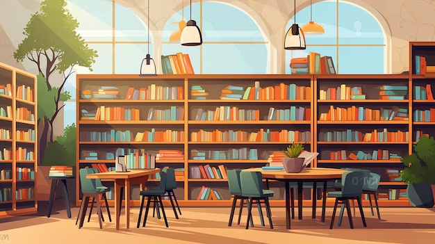 an image of tables and chairs in a library with books on shelves