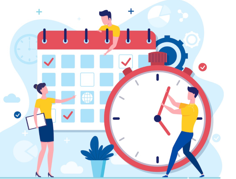 image of a person in front of a calendar with another person in front of a clock