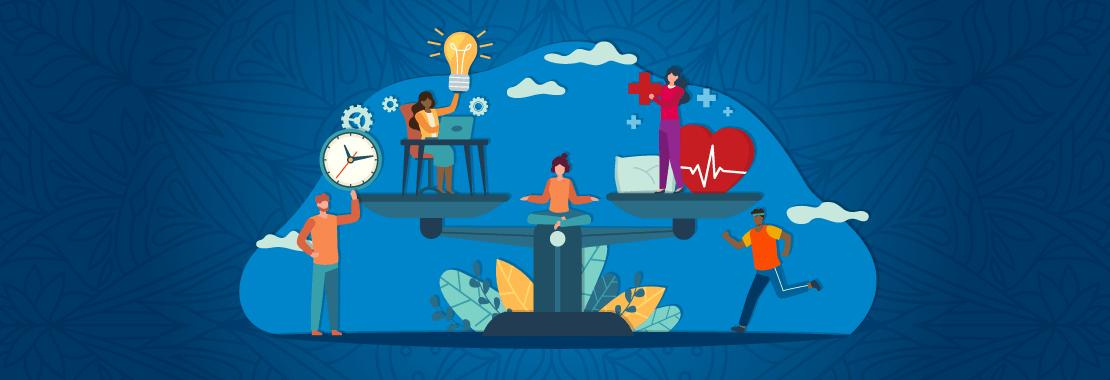 Illustration of individuals doing various activities on or around a balance scale, including running, using a computer, and working in medicine.