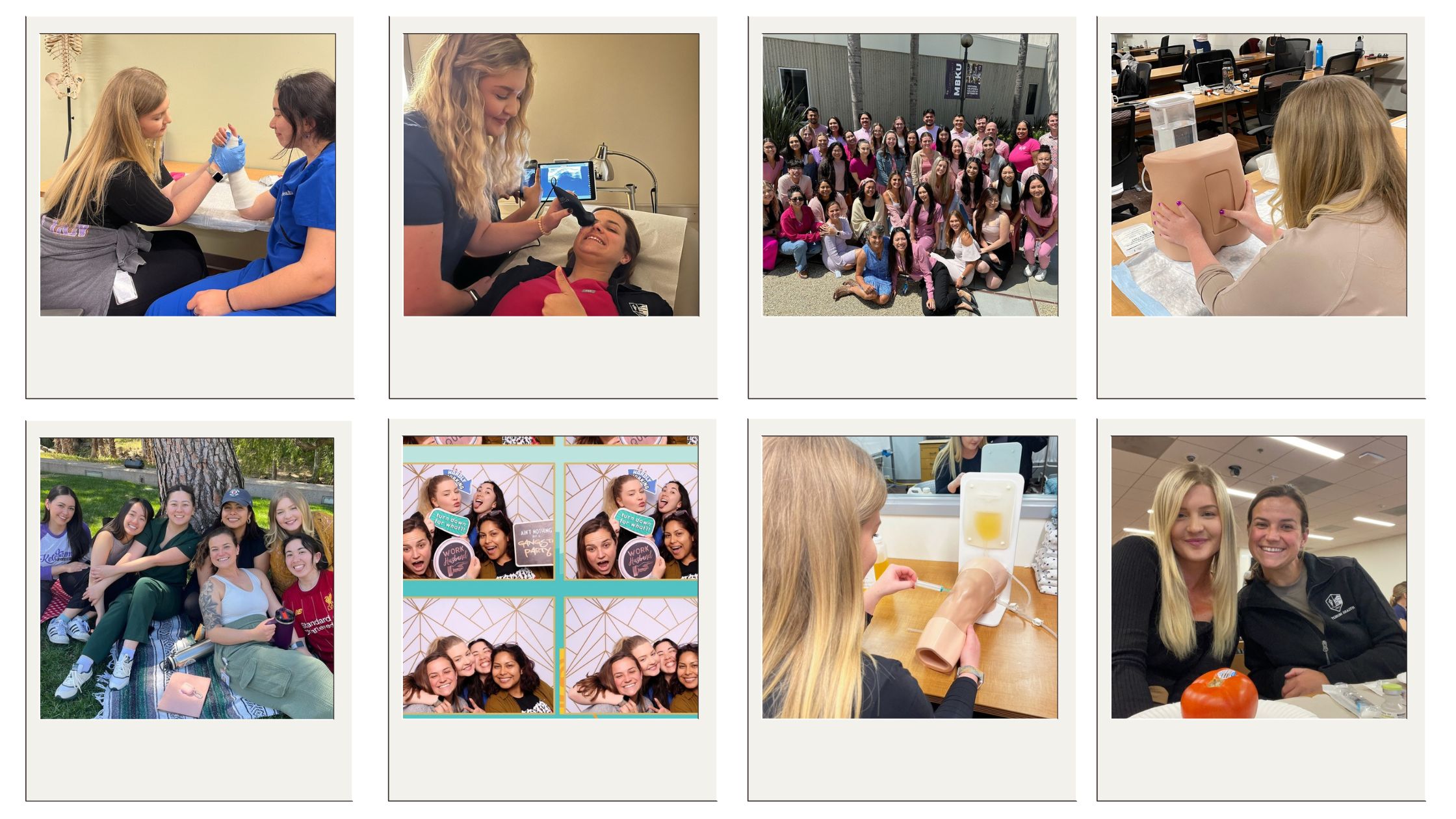 Photos of PA students in classes, hanging out outside, and in clinic practicing their skills.