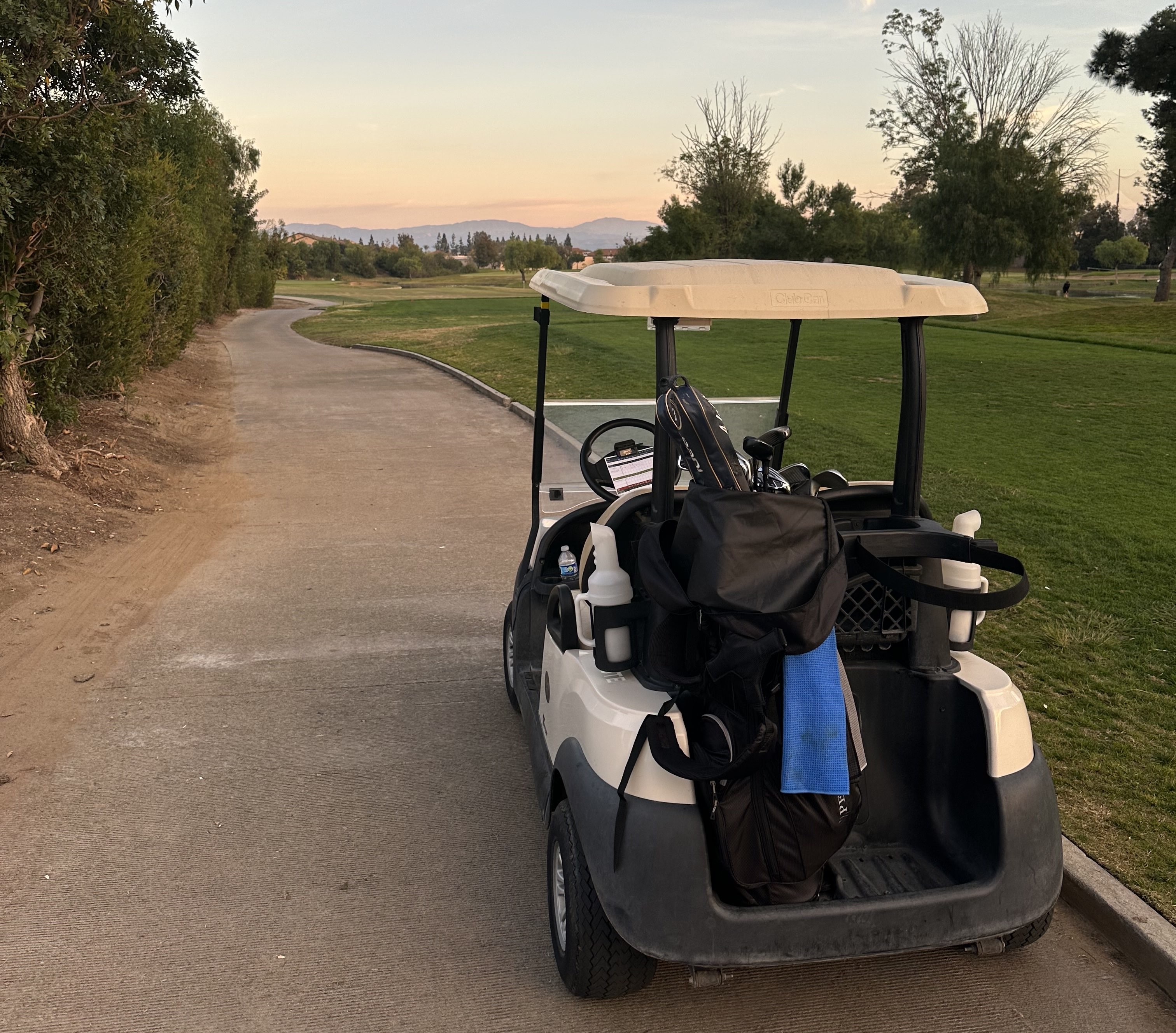 Picture of a old cart parked on a pathway alongside a golf course.