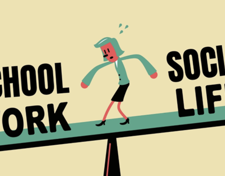 Image of person on see saw with one side labeled school work and the other side labeled social life