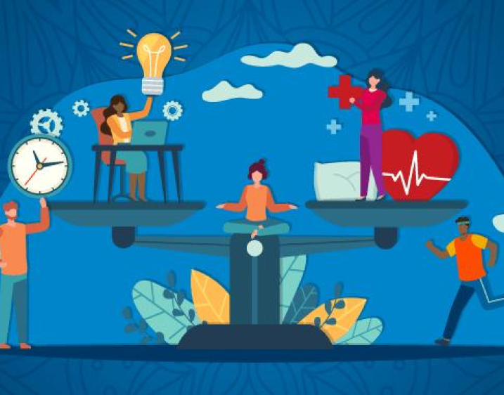 Illustration of individuals doing various activities on or around a balance scale, including running, using a computer, and working in medicine.