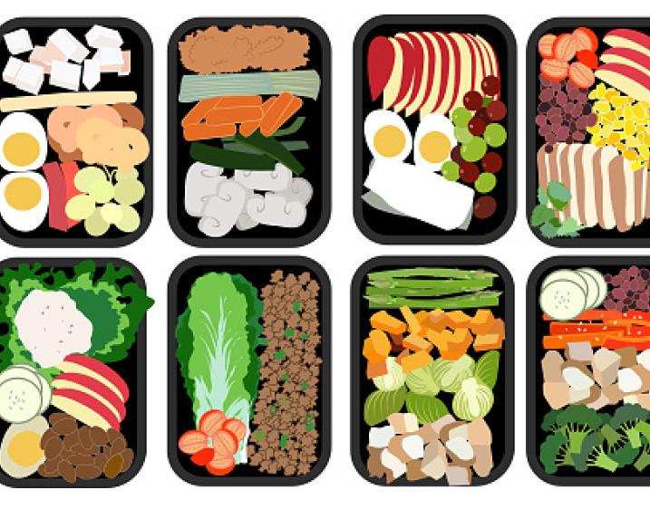 Image of eight prepared meals in separate containers.