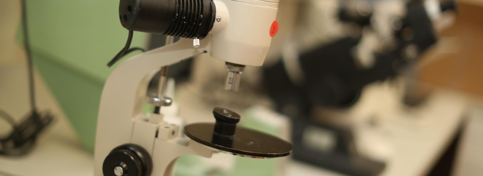 Closeup of microscopes in clinical optometry lab
